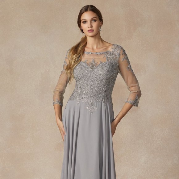 NEW LONG A-LINE DRESS WITH SHEER SLEEVES EMBROIDERED WITH RHINESTONES JT M12